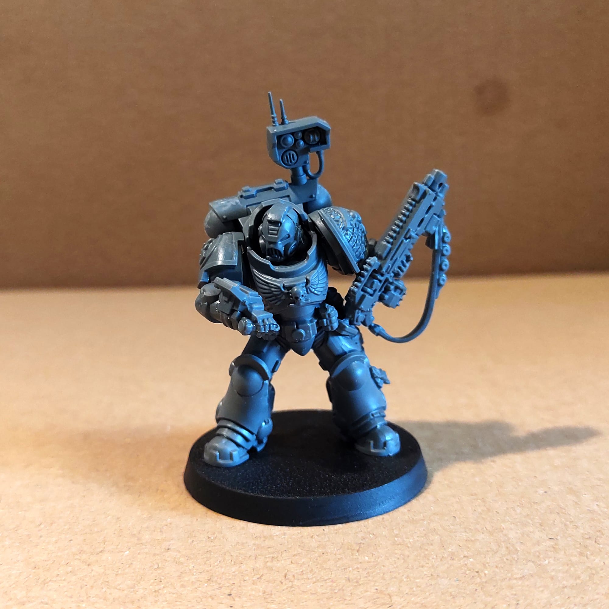Photo of a Space Marine in Gravis armour.